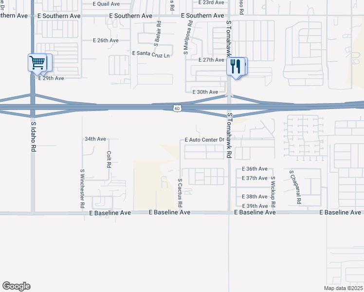 map of restaurants, bars, coffee shops, grocery stores, and more near 1360 East Auto Center Drive in Apache Junction