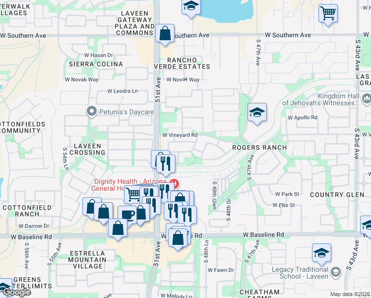map of restaurants, bars, coffee shops, grocery stores, and more near 4923 West Glass Lane in Phoenix