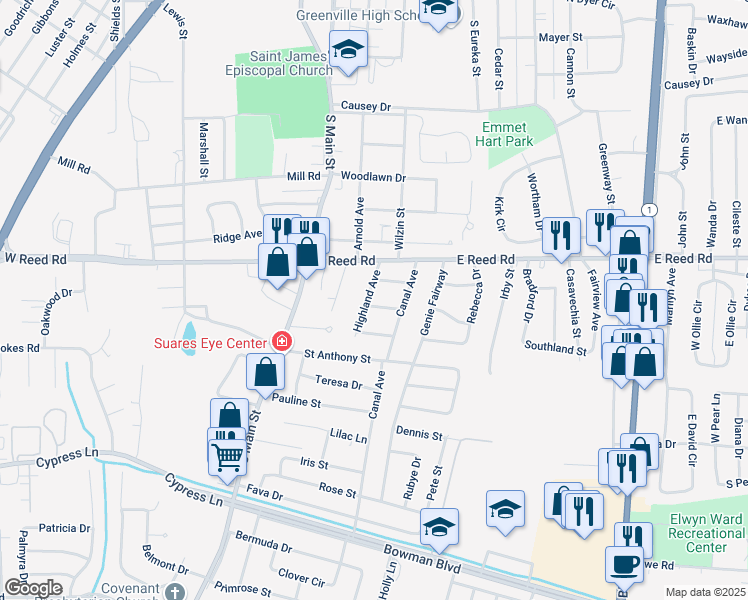 map of restaurants, bars, coffee shops, grocery stores, and more near 309 Neff Street in Greenville