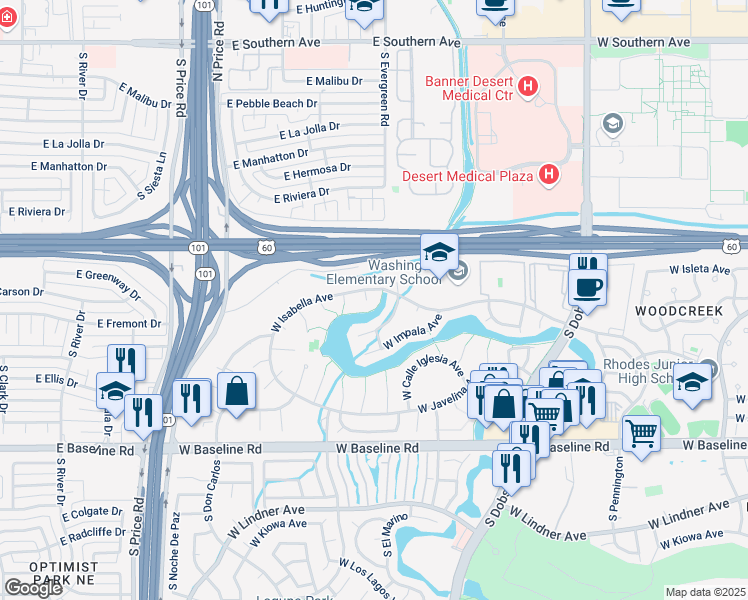 map of restaurants, bars, coffee shops, grocery stores, and more near 1703 S Azucena Cir in Mesa