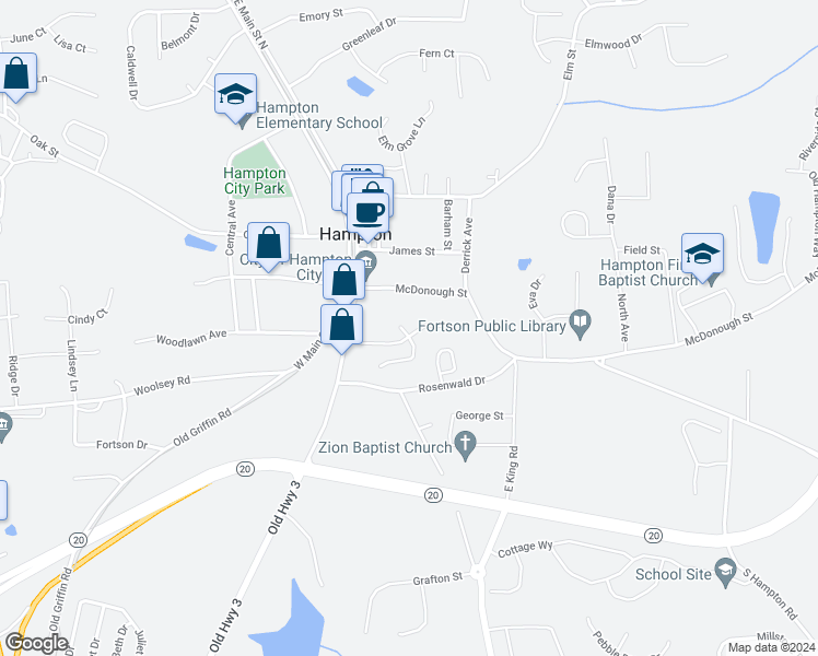 map of restaurants, bars, coffee shops, grocery stores, and more near 43 Magnolia Parkway in Hampton