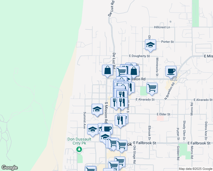 map of restaurants, bars, coffee shops, grocery stores, and more near 303 North Mission Road in Fallbrook
