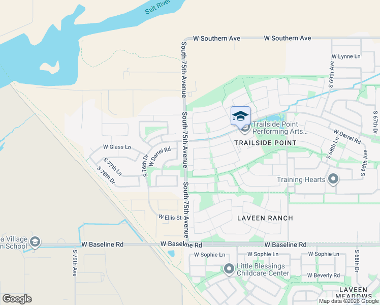 map of restaurants, bars, coffee shops, grocery stores, and more near 6828 South 74th Lane in Phoenix