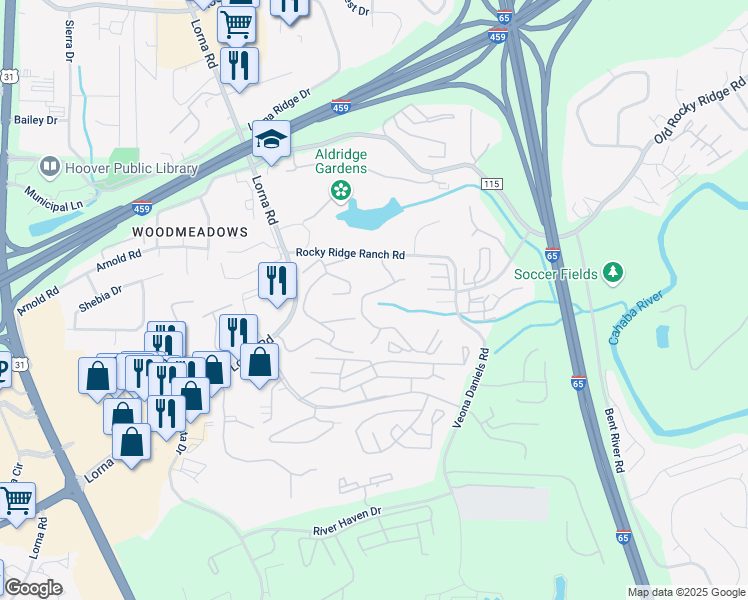 map of restaurants, bars, coffee shops, grocery stores, and more near 804 Gardens Place in Hoover