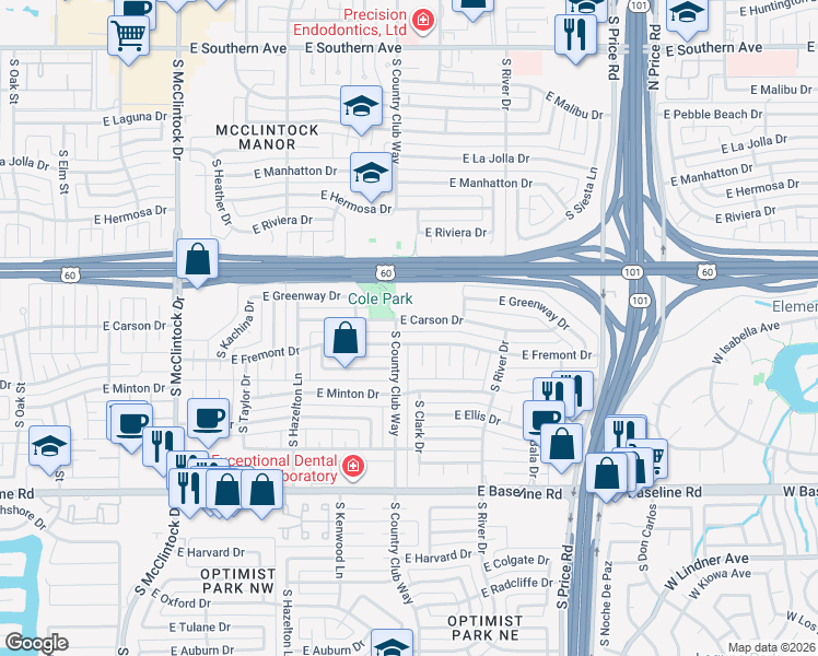 map of restaurants, bars, coffee shops, grocery stores, and more near 2009 East Carson Drive in Tempe