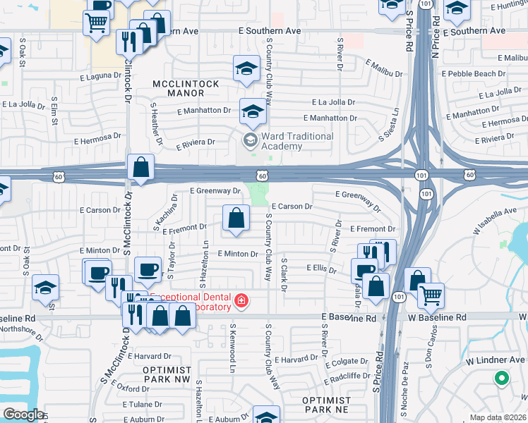 map of restaurants, bars, coffee shops, grocery stores, and more near 1973 East Carson Drive in Tempe