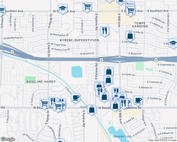map of restaurants, bars, coffee shops, grocery stores, and more near 400 West Baseline Road in Tempe