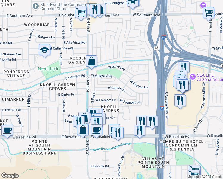 map of restaurants, bars, coffee shops, grocery stores, and more near 2511 West Carson Drive in Tempe
