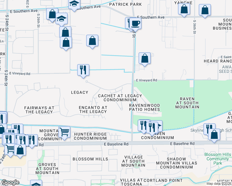 map of restaurants, bars, coffee shops, grocery stores, and more near 3131 East Legacy Drive in Phoenix