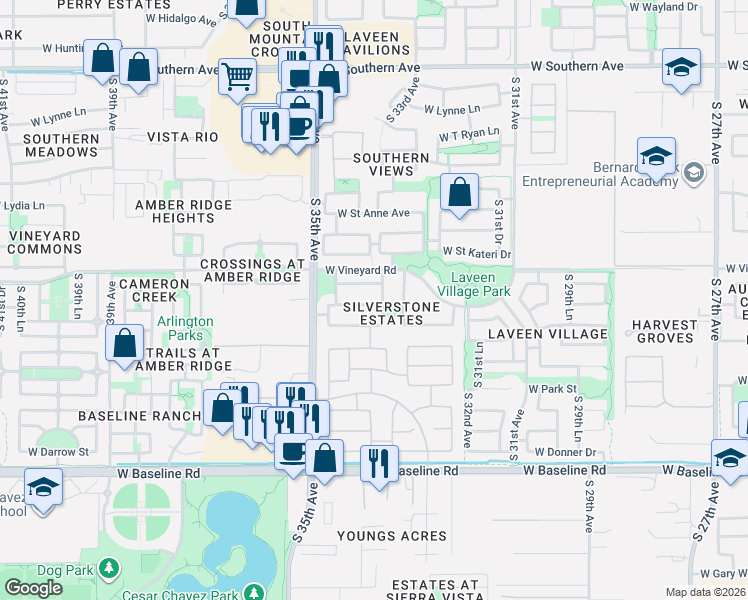 map of restaurants, bars, coffee shops, grocery stores, and more near 3321 West Glass Lane in Phoenix