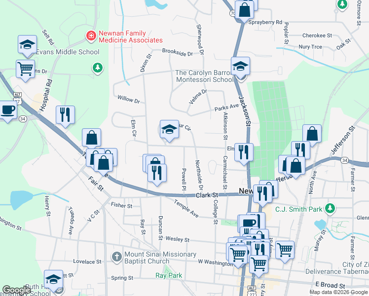 map of restaurants, bars, coffee shops, grocery stores, and more near 37 Elm Street in Newnan