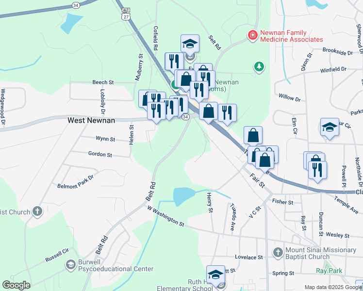 map of restaurants, bars, coffee shops, grocery stores, and more near 22 Belk Road in Newnan
