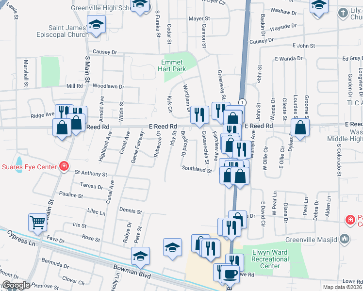 map of restaurants, bars, coffee shops, grocery stores, and more near 1435 Bradford Drive in Greenville