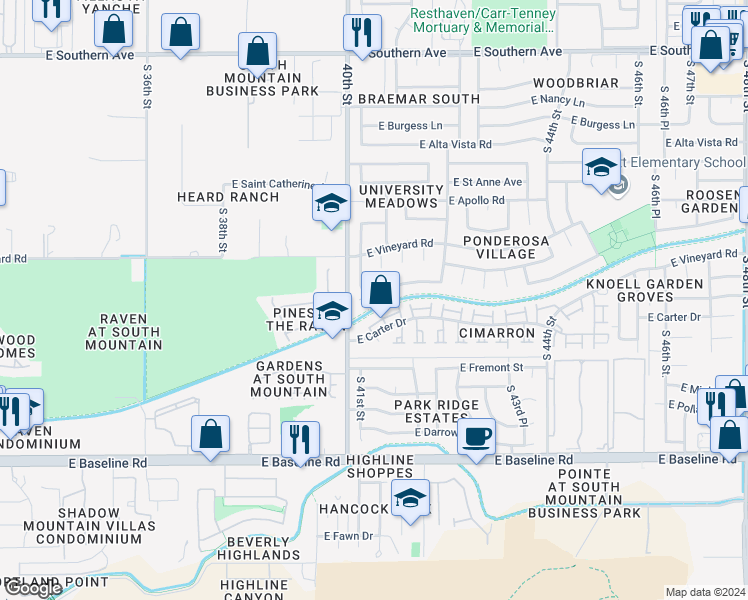 map of restaurants, bars, coffee shops, grocery stores, and more near 4025 East Maldonado Road in Phoenix