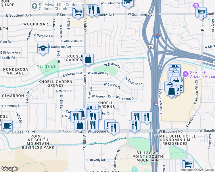 map of restaurants, bars, coffee shops, grocery stores, and more near 2511 West Carson Drive in Tempe