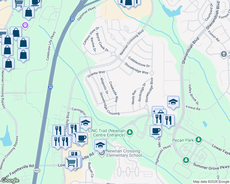 map of restaurants, bars, coffee shops, grocery stores, and more near 64 Creekside Way in Newnan