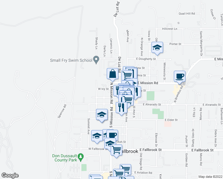 map of restaurants, bars, coffee shops, grocery stores, and more near 305 North Mission Road in Fallbrook