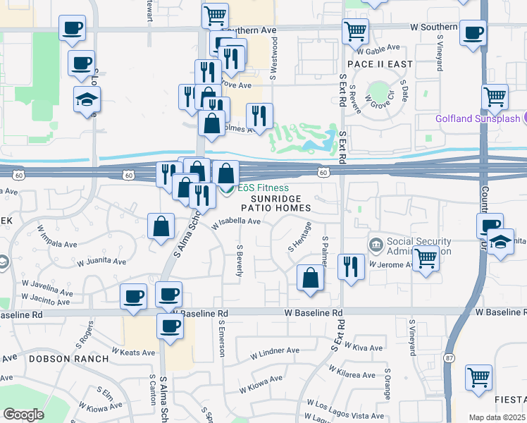 map of restaurants, bars, coffee shops, grocery stores, and more near 1720 South Westwood in Mesa