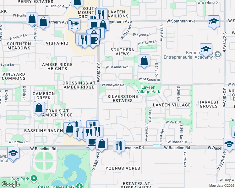 map of restaurants, bars, coffee shops, grocery stores, and more near 3321 West Glass Lane in Phoenix
