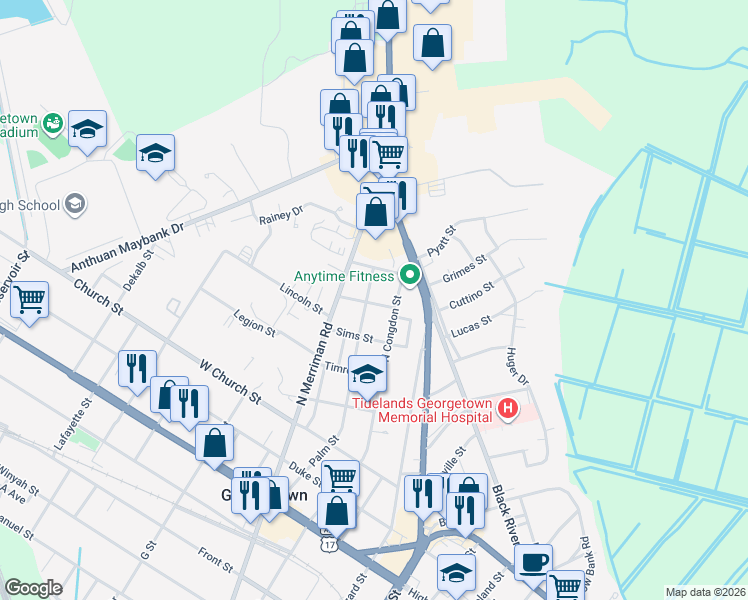 map of restaurants, bars, coffee shops, grocery stores, and more near 905 Palm Street in Georgetown