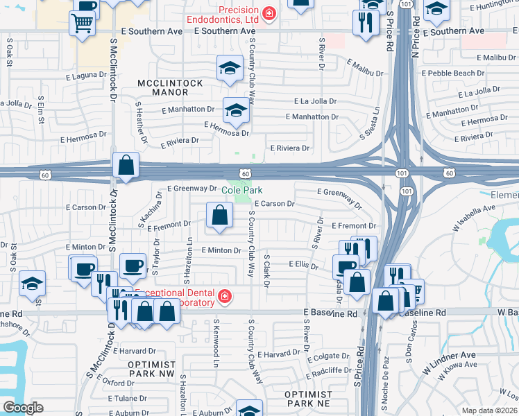 map of restaurants, bars, coffee shops, grocery stores, and more near 2009 East Carson Drive in Tempe
