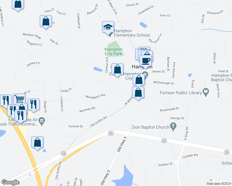 map of restaurants, bars, coffee shops, grocery stores, and more near 16 Woodlawn Avenue in Hampton