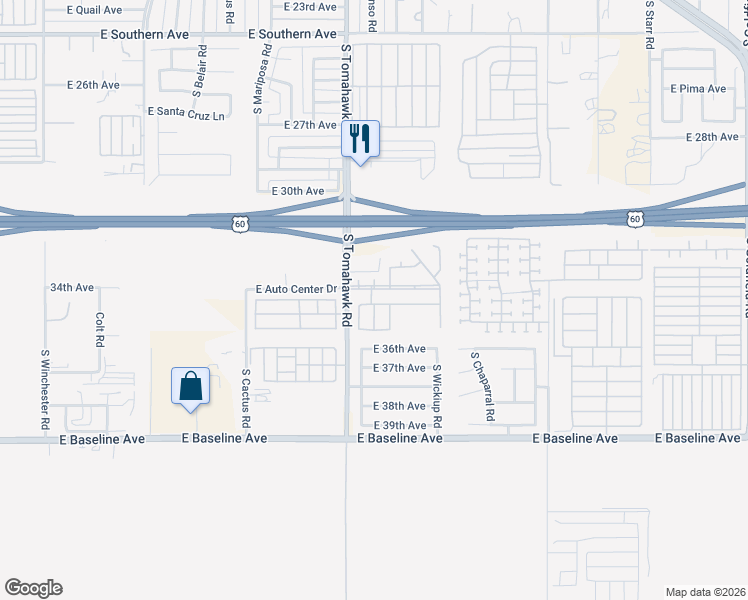 map of restaurants, bars, coffee shops, grocery stores, and more near 3405 South Tomahawk Road in Apache Junction