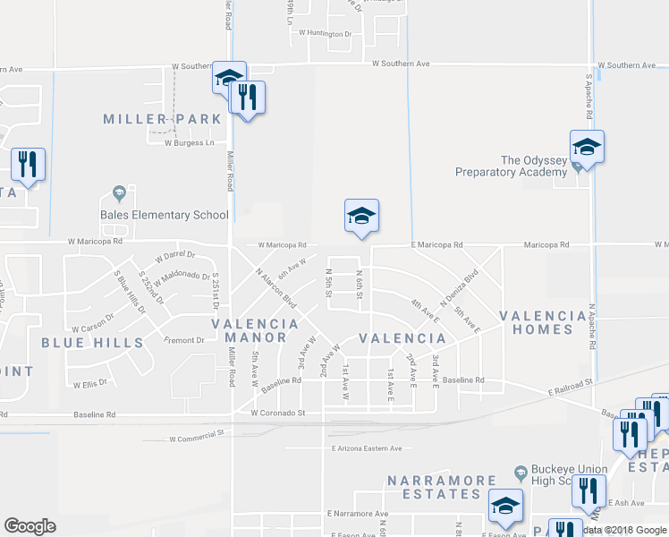 map of restaurants, bars, coffee shops, grocery stores, and more near 96 5th Avenue West in Buckeye