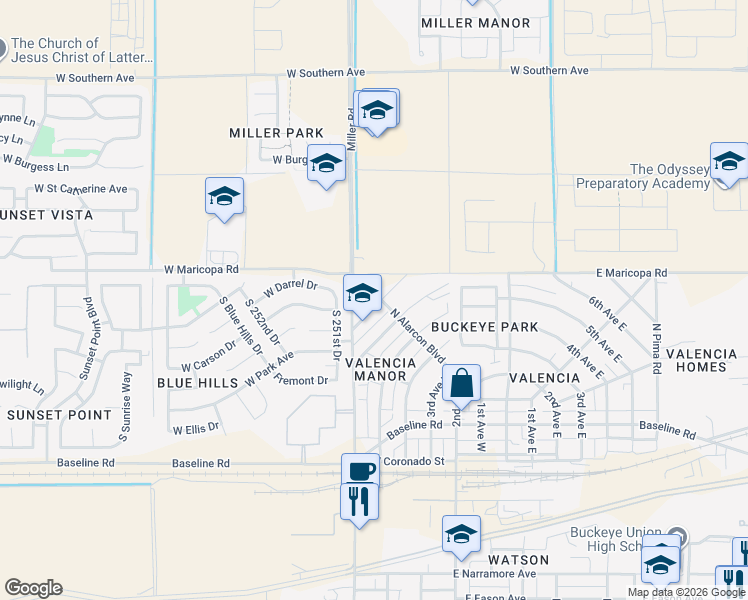 map of restaurants, bars, coffee shops, grocery stores, and more near 200 7th Avenue West in Buckeye