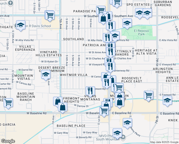 map of restaurants, bars, coffee shops, grocery stores, and more near 6821 South Montezuma Street in Phoenix