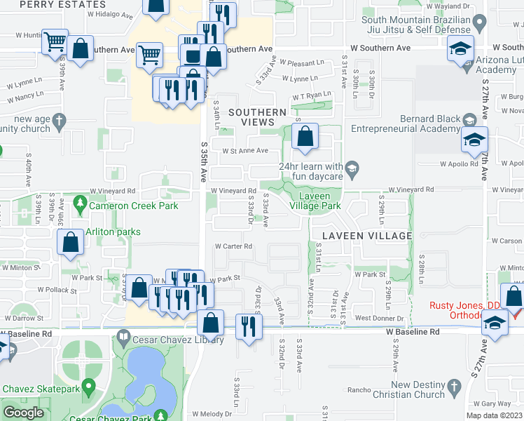 map of restaurants, bars, coffee shops, grocery stores, and more near 6824 South 33rd Avenue in Phoenix