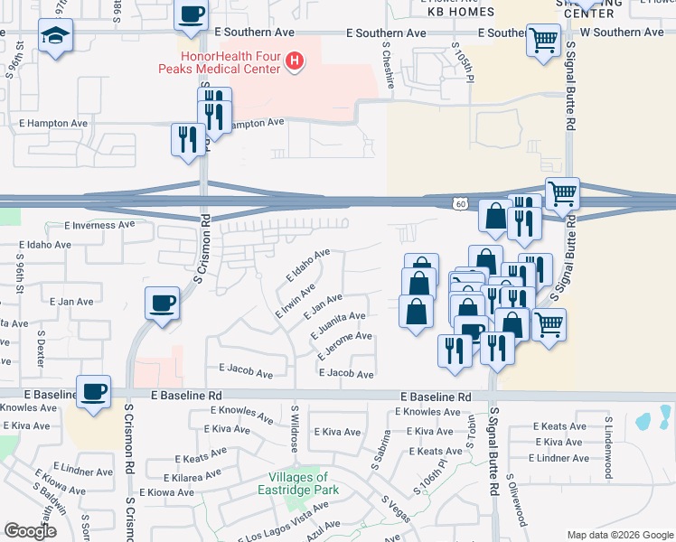 map of restaurants, bars, coffee shops, grocery stores, and more near 1720 South Valle Verde in Mesa