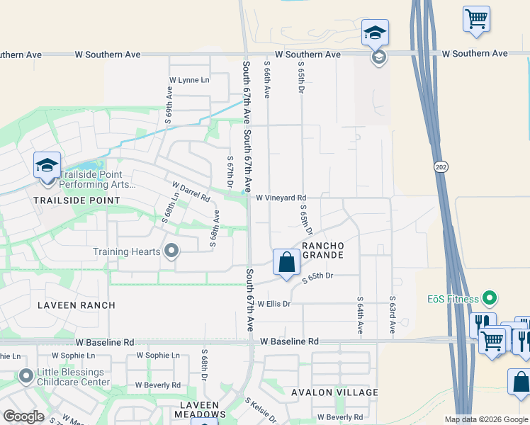 map of restaurants, bars, coffee shops, grocery stores, and more near 6820 South 66th Avenue in Maricopa County