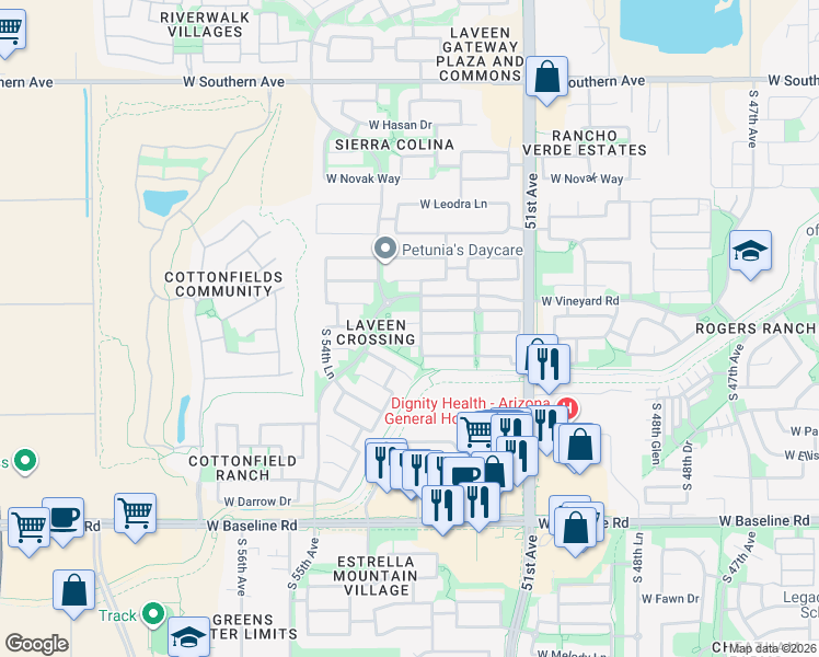 map of restaurants, bars, coffee shops, grocery stores, and more near 5313 West Glass Lane in Phoenix