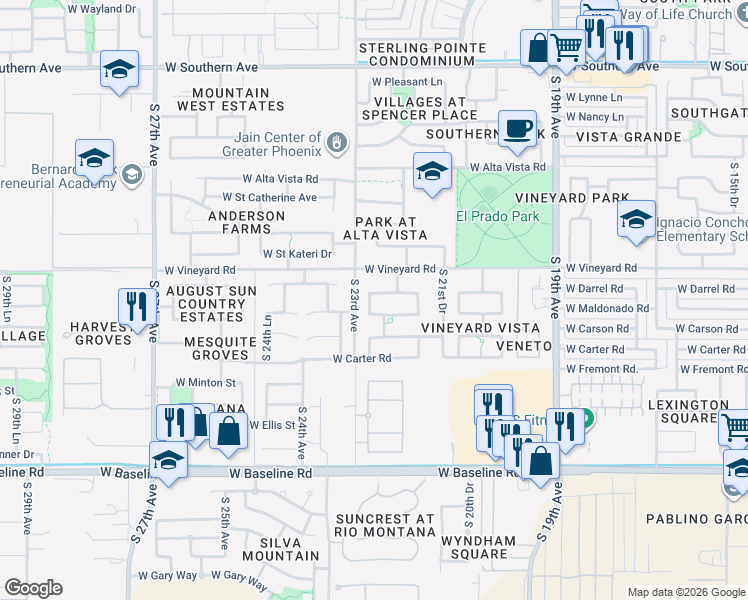 map of restaurants, bars, coffee shops, grocery stores, and more near 2217 West Darrel Road in Phoenix