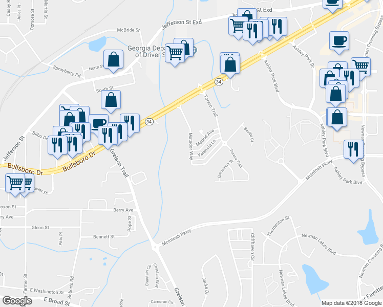 map of restaurants, bars, coffee shops, grocery stores, and more near 22 Matador Way in Newnan