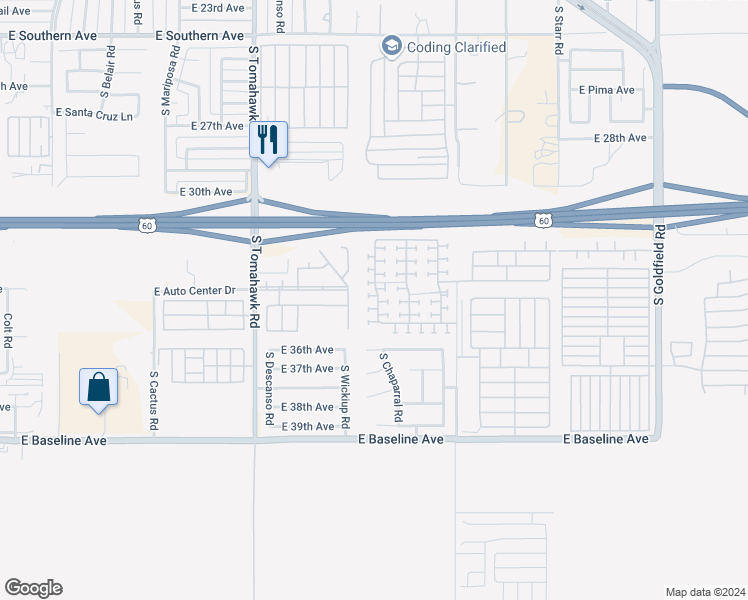 map of restaurants, bars, coffee shops, grocery stores, and more near 3448 South Chaparral Road in Apache Junction
