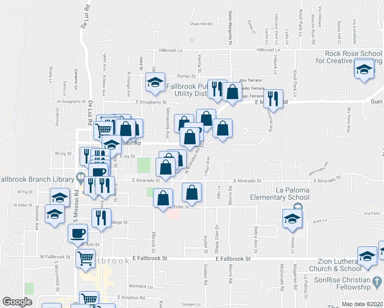 map of restaurants, bars, coffee shops, grocery stores, and more near 300 North Brandon Road in Fallbrook