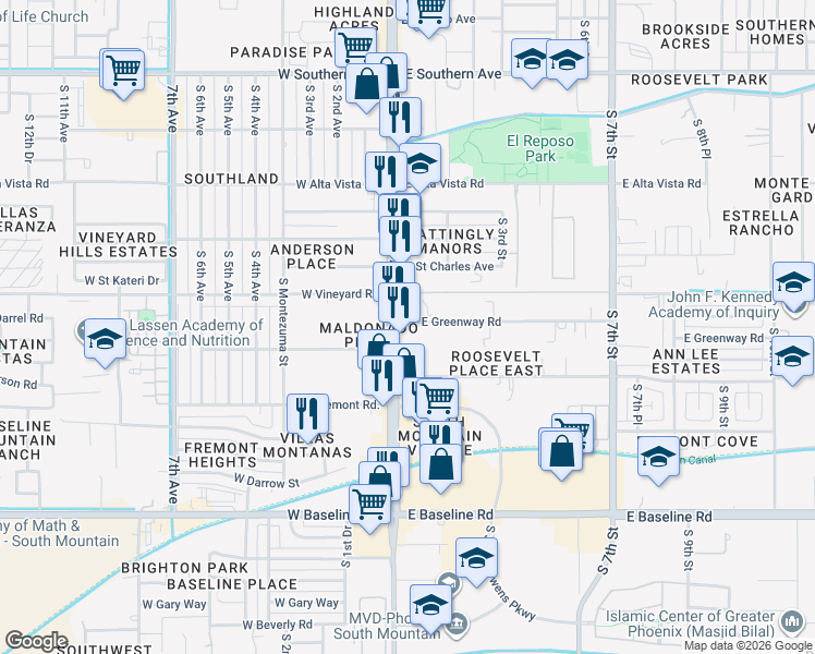map of restaurants, bars, coffee shops, grocery stores, and more near 6831 South Central Avenue in Phoenix