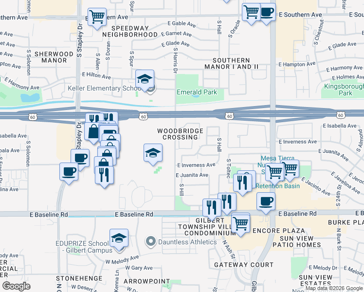 map of restaurants, bars, coffee shops, grocery stores, and more near 14 South Trail End in Mesa