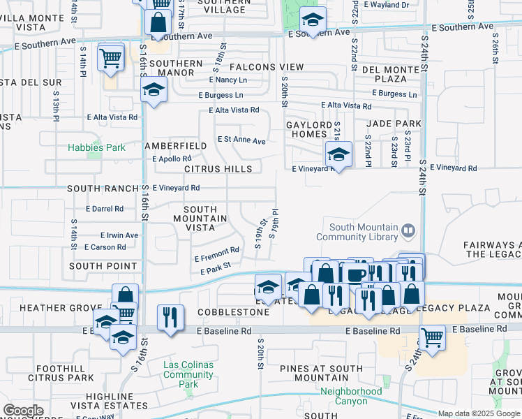 map of restaurants, bars, coffee shops, grocery stores, and more near 1925 East Darrel Road in Phoenix
