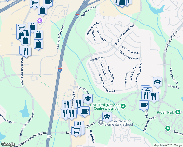 map of restaurants, bars, coffee shops, grocery stores, and more near 140 Granite Way in Newnan