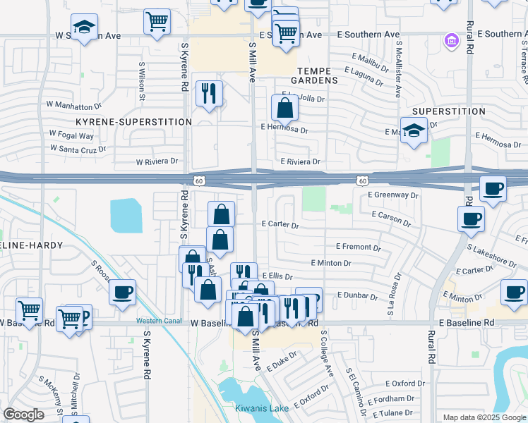 map of restaurants, bars, coffee shops, grocery stores, and more near 4569 South Mill Avenue in Tempe