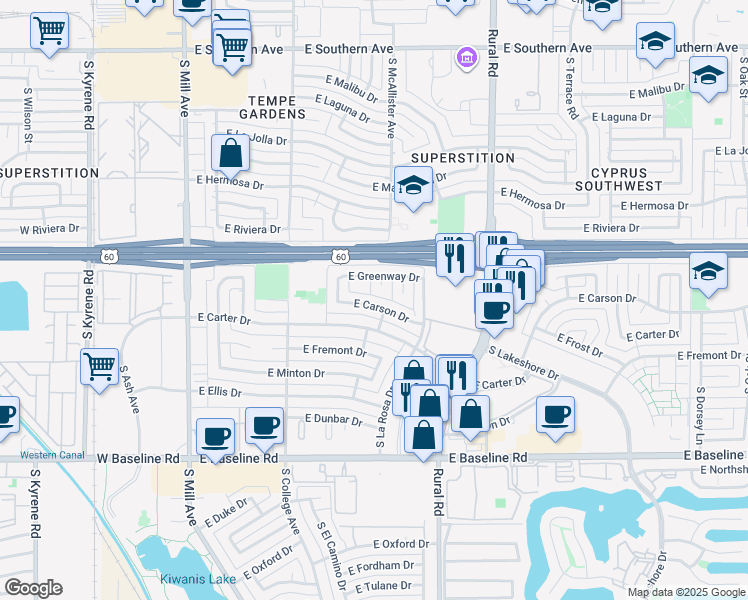 map of restaurants, bars, coffee shops, grocery stores, and more near 438 East Carson Drive in Tempe
