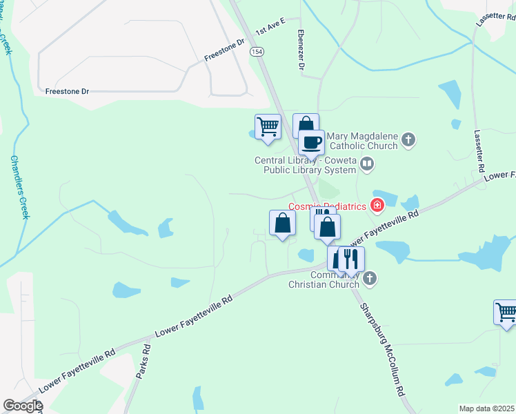 map of restaurants, bars, coffee shops, grocery stores, and more near 15 Candlewood Drive in Newnan