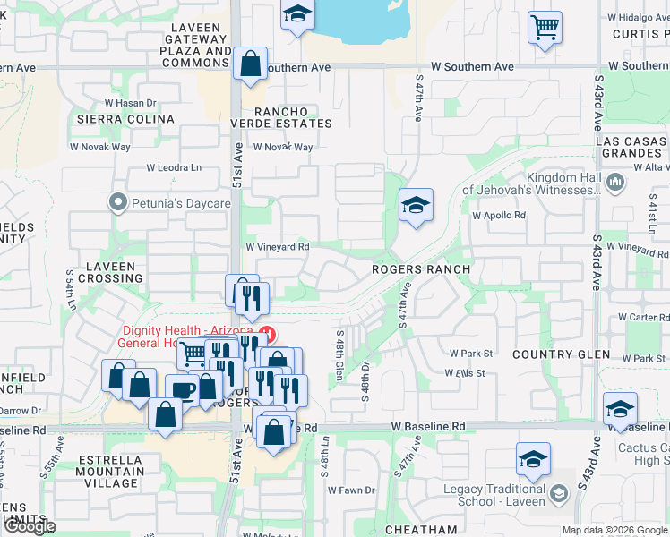 map of restaurants, bars, coffee shops, grocery stores, and more near 6813 South 49th Drive in Phoenix
