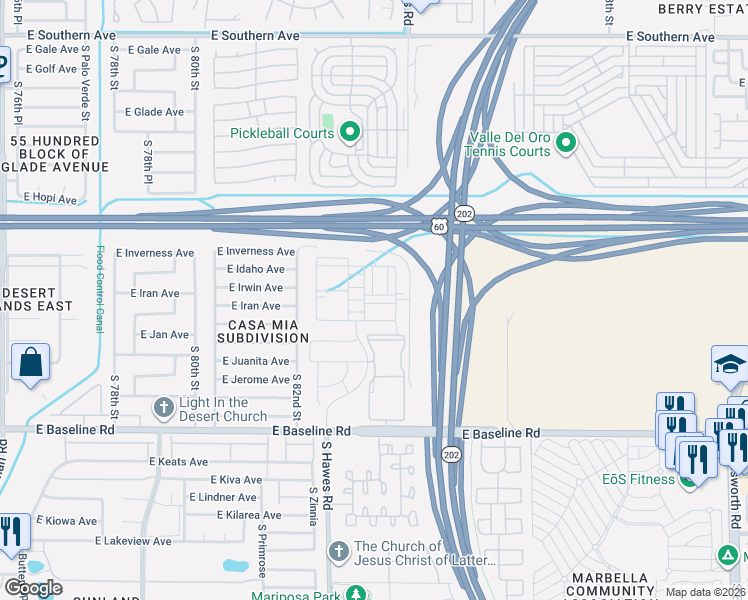 map of restaurants, bars, coffee shops, grocery stores, and more near 1702 South 83rd Place in Mesa