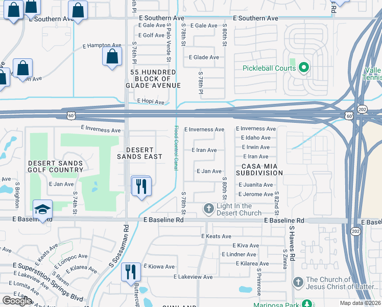 map of restaurants, bars, coffee shops, grocery stores, and more near 7839 East Iran Avenue in Mesa