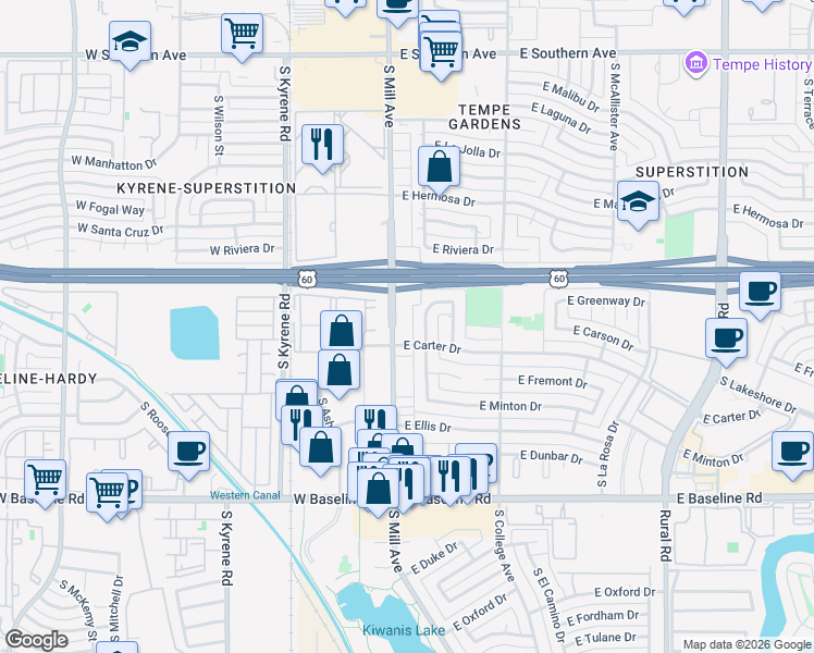 map of restaurants, bars, coffee shops, grocery stores, and more near 4569 South Mill Avenue in Tempe