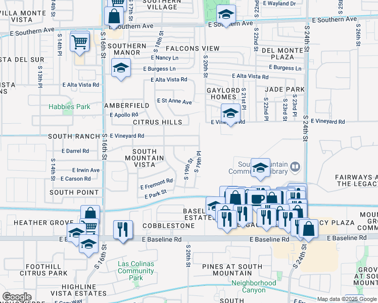 map of restaurants, bars, coffee shops, grocery stores, and more near 1925 East Darrel Road in Phoenix